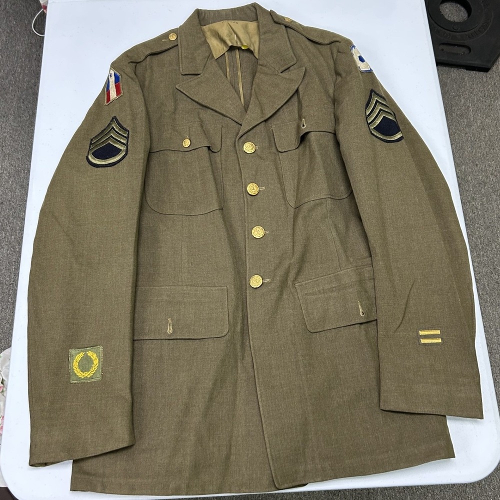 US Military Service Coat Tunic Mens M Olive Drab Wool WWII Era Patches